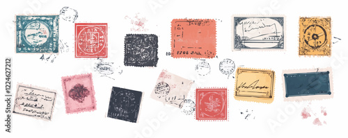 Vintage postal stamps vector composition with postmarks and ink blots.