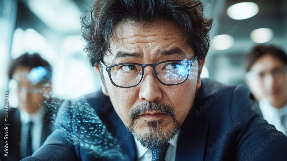 Serious businessman contemplating digital data in modern office Serious businessman contemplating digital data in modern office
