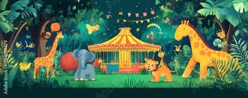 Vector jungle carousel with animals and festive decorations.
