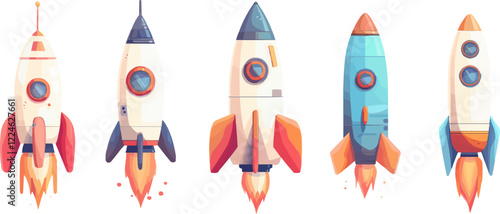 Colorful rocket collection in vector design.