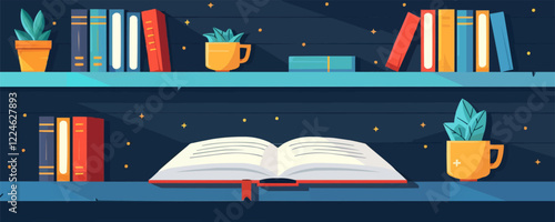 Vector art of cozy bookshelf with open book and coffee cups.