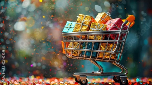 Shopping cart filled with vibrant golden gifts against a sparkling festive background. photo