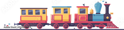 Vintage train vector art with colorful carriages and steam locomotive.