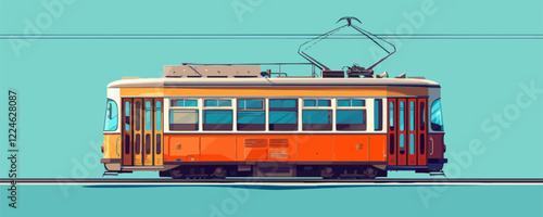 Vintage tram vector art with bold orange and turquoise palette.