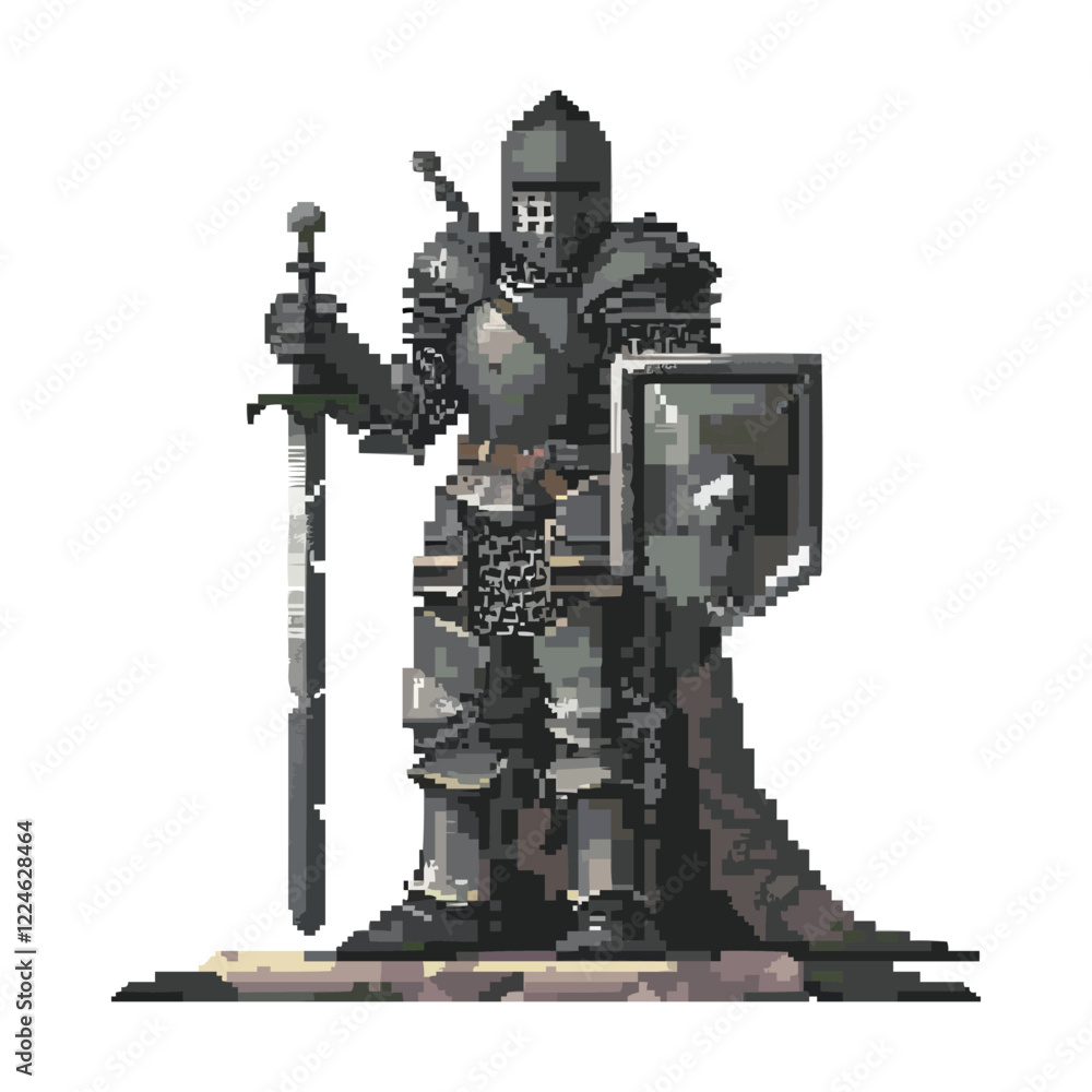 Medieval knight vector art: pixel style with sword and shield. Medieval knight vector art: pixel style with sword and shield.