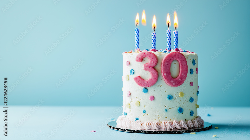 Pastel Birthday Cake with Thirty Candles and Sprinkles on Light Blue Background Pastel Birthday Cake with Thirty Candles and Sprinkles on Light Blue Background