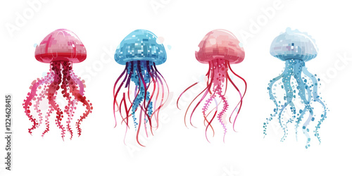 Colorful geometric vector jellyfish collection with abstract patterns.