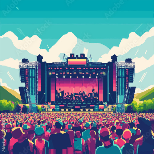 Vibrant vector music festival with energetic crowd and stage.