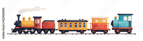 Colorful cartoon steam train vector with four carriages.