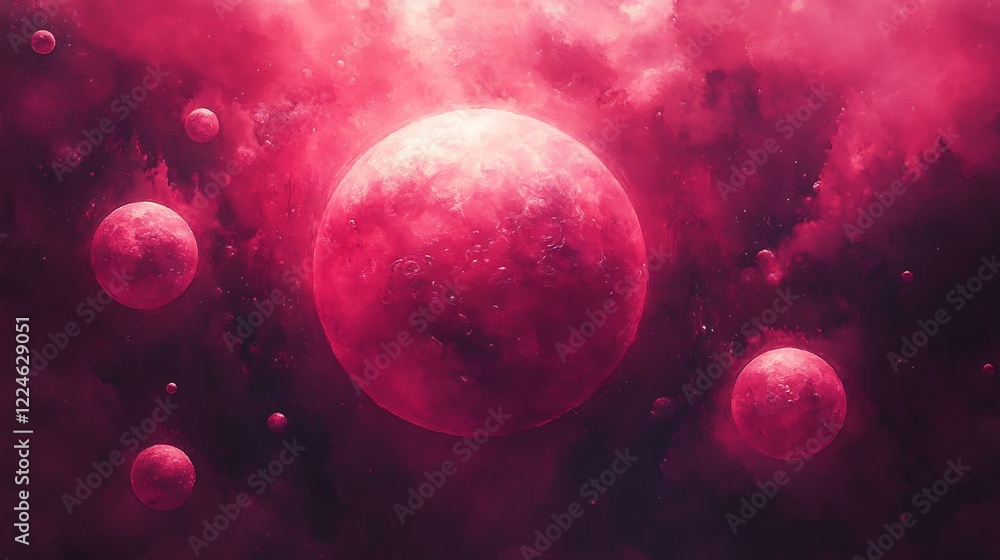Fototapeta premium Crimson planets softly glow in deep space nebula a vibrant cosmic scene. AI Generated