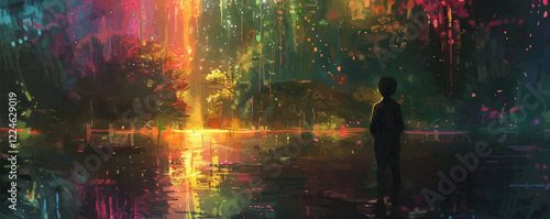Vector art of a dreamlike forest with colorful light reflections.