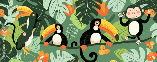 Jungle wildlife vector: tropical leaves, toucans, and monkey design.