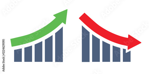 Graph going Up and Down sign with green and red arrows vector. Flat design vector illustration concept of sales bar chart symbol icon with arrow moving down and sales bar chart with arrow moving up.