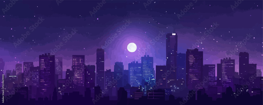 Vector night cityscape with glowing moon and starry sky. Vector night cityscape with glowing moon and starry sky.