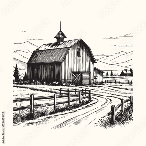 Hand-drawn Farm, ranch, barn house illustration