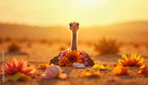 Ostrich curiously looking with flowers in a dry savannah landscape