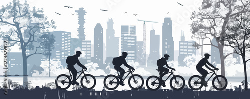 Vector city skyline with cyclists: urban adventure and nature harmony.