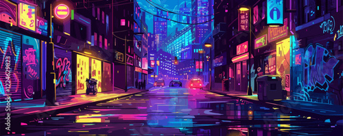 Futuristic neon city vector artwork with vibrant streetlights.