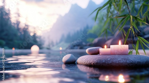 Serene River Landscape with Burning Candles