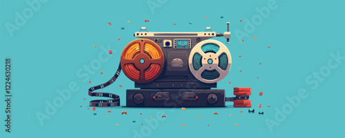 Retro tape machine vector featuring vintage reels on a vibrant background.