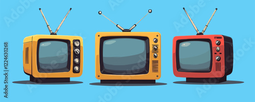 Vector art of colorful retro televisions with antennas on blue background.