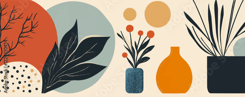 Minimalist vector art of plants and geometric shapes.