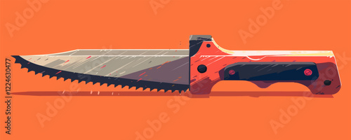 Vector knife design with saw blade on orange background.