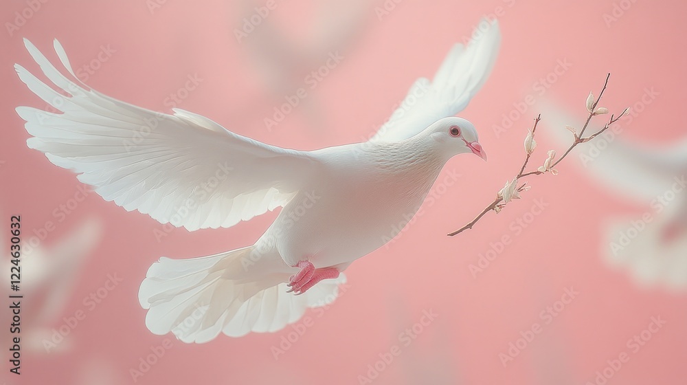 White dove in flight, pink background, gentle branch. White dove in flight, pink background, gentle branch.