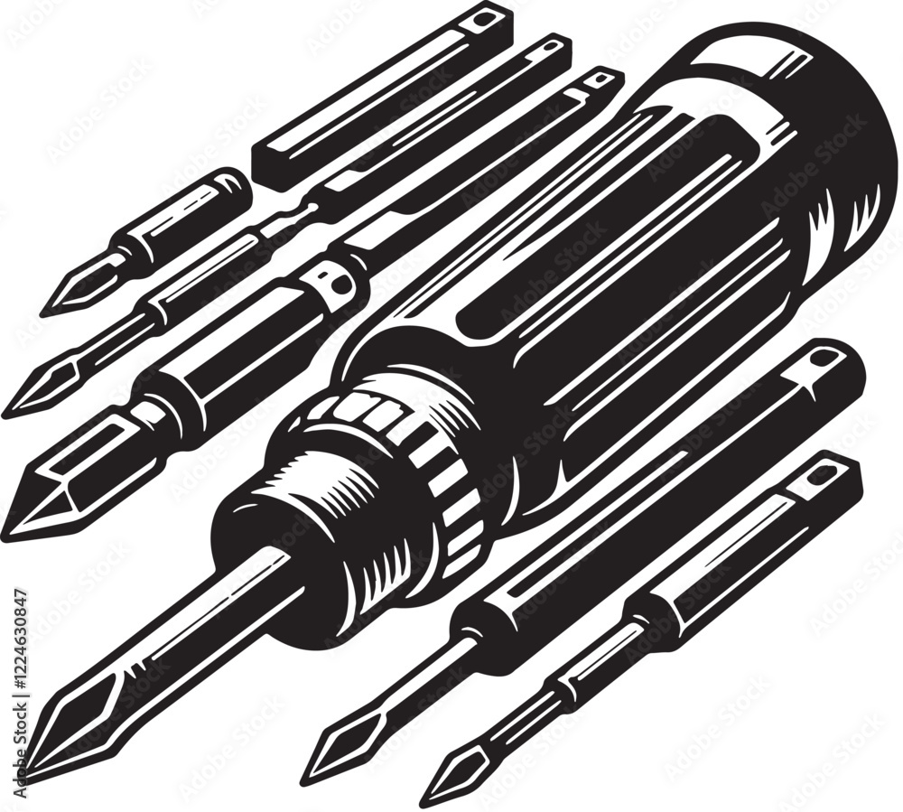 Black Multi-bit Screwdriver Silhouette Vector, High Quality Illustration on White Background Black Multi-bit Screwdriver Silhouette Vector, High Quality Illustration on White Background