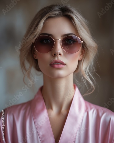 Wallpaper Mural A stylish woman in a pink robe and sunglasses poses elegantly, showcasing a sophisticated and chic look with a soft background. Torontodigital.ca