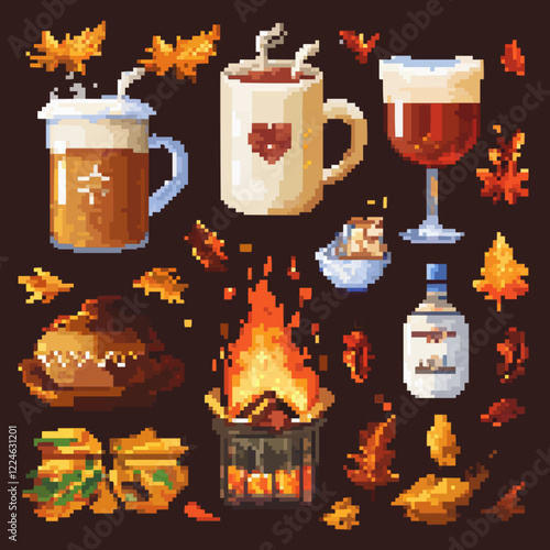 Cozy fall drinks and autumn leaves vector design with fire pit.