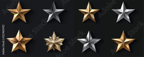 Vector metallic stars collection on black background.