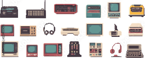 Retro electronics vector art: vintage devices and technology icons.