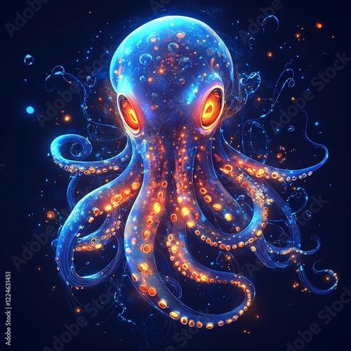 A vector illustration of a glowing squid face with neon orange accents, floating in glowing blue water.