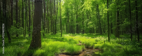 Lush green forest vector with sunlit pathway.