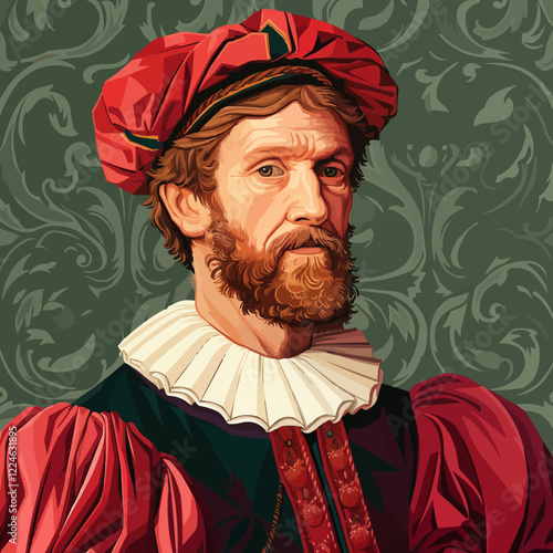 Renaissance gentleman vector portrait with ornate background.