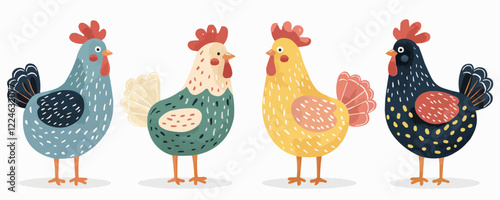 Colorful chicken vector art showcasing whimsical designs.