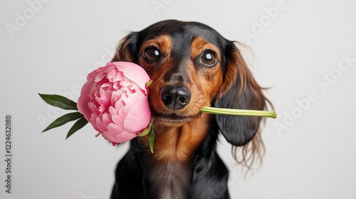 Fototapeta Naklejka Na Ścianę i Meble -  Dachshund holds pink peony in mouth on white background showcasing playful spirit