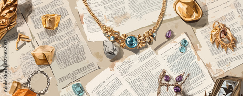 Vector design of jewelry and gemstones on open books.