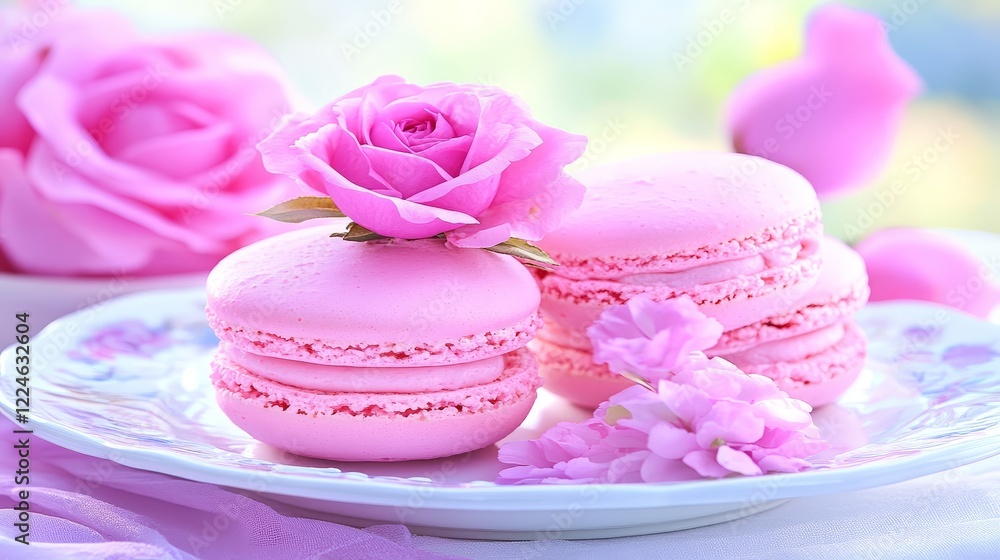 Delicate Pink Macarons with Roses and Flowers Delicate Pink Macarons with Roses and Flowers