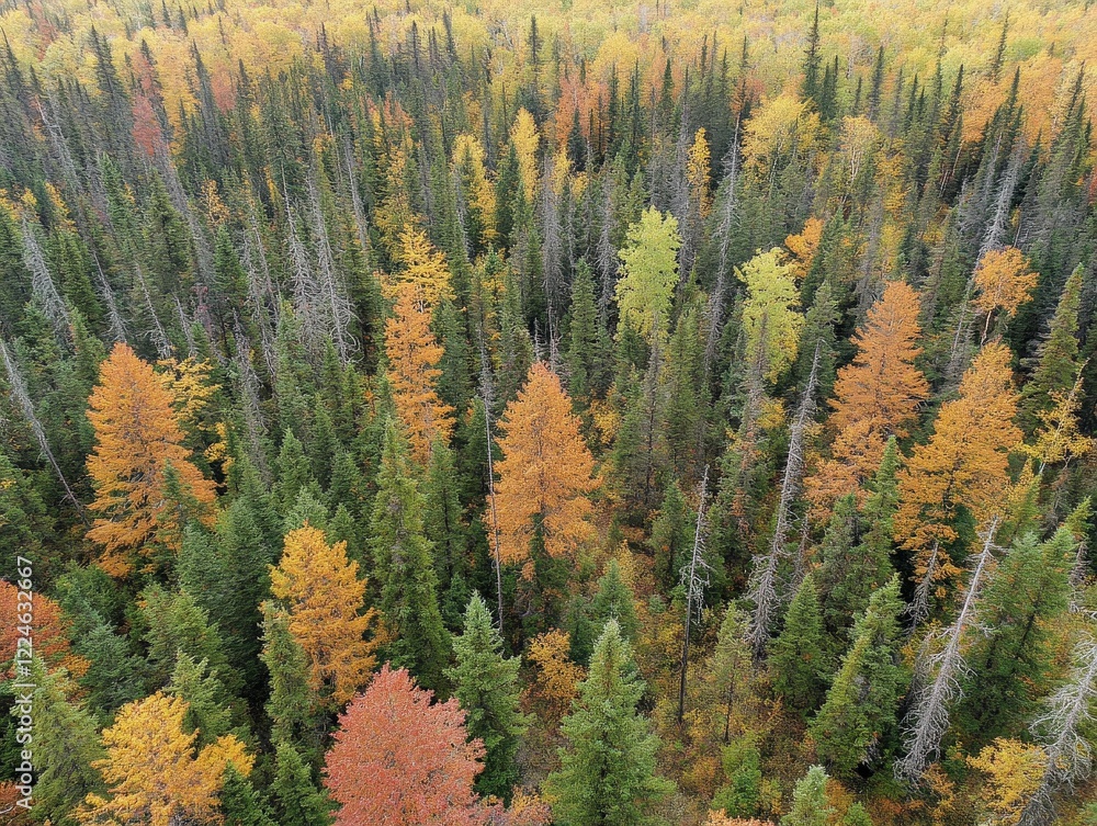 An overhead view of a vibrant forest canopy during fall, highlighting the patchwork of warm autumn colors. An overhead view of a vibrant forest canopy during fall, highlighting the patchwork of warm autumn colors.