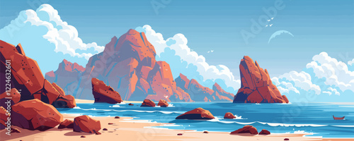 Vector landscape of scenic rocky beach with blue sky and clouds.