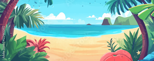 Tropical beach vector: serene seaside with lush palms and crystal clear waters.