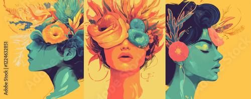 Vibrant floral vector portraits with surreal masks and bold colors.