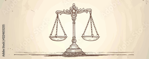 Vintage vector art of a balanced scale depicting justice and fairness principles.