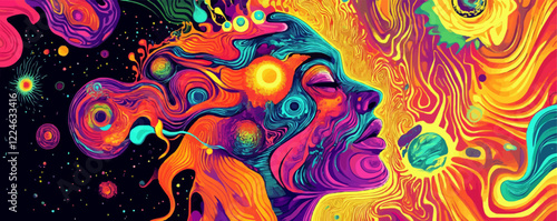 Surreal psychedelic vector art depicting cosmic dreams and vibrant imagination.