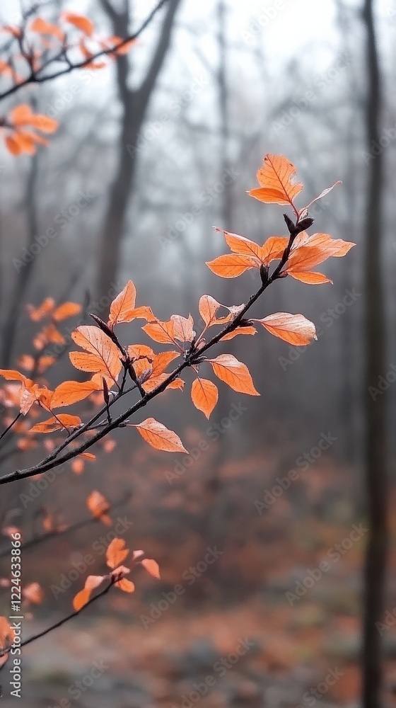 Close-up of a tree branch with orange leaves against a blurred forest background. Close-up of a tree branch with orange leaves against a blurred forest background.