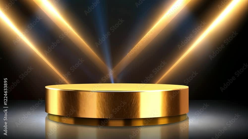 A shining gold podium illuminated by dramatic light beams. A shining gold podium illuminated by dramatic light beams.