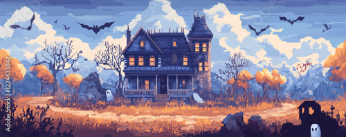 Spooky haunted house vector with bats and ghosts in autumn forest.
