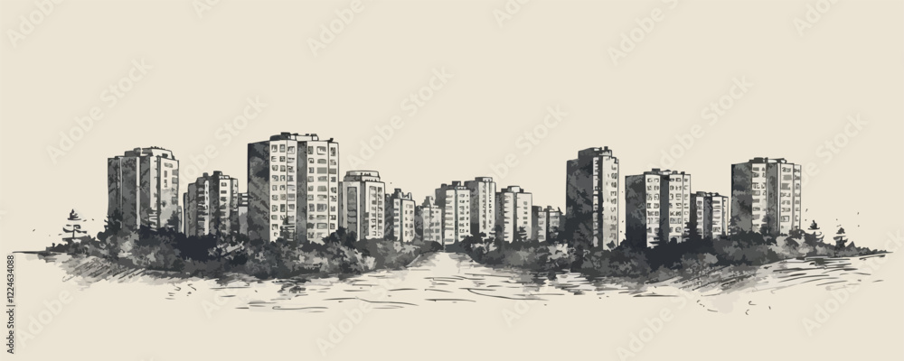 Fototapeta premium Urban skyline vector art with monochrome skyscrapers in cityscape.